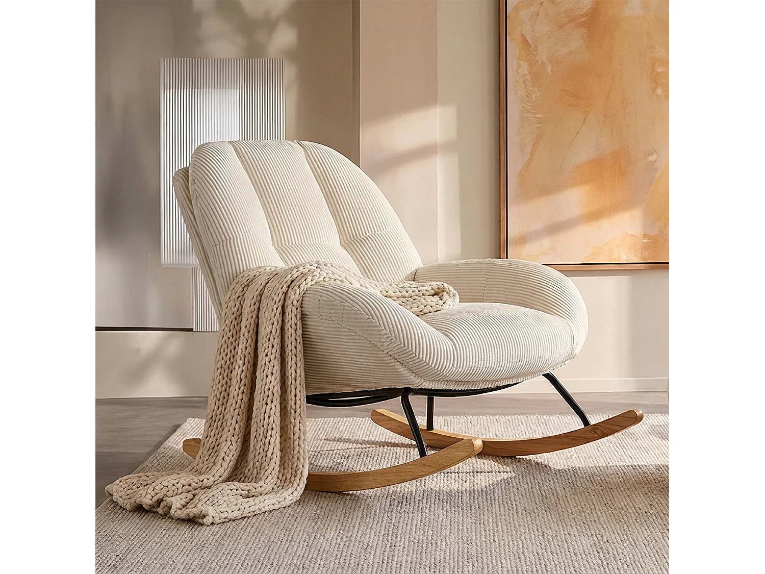 Fauteuil à bascule rocking chair style scandinave en velours côtelé Beige,Lithops