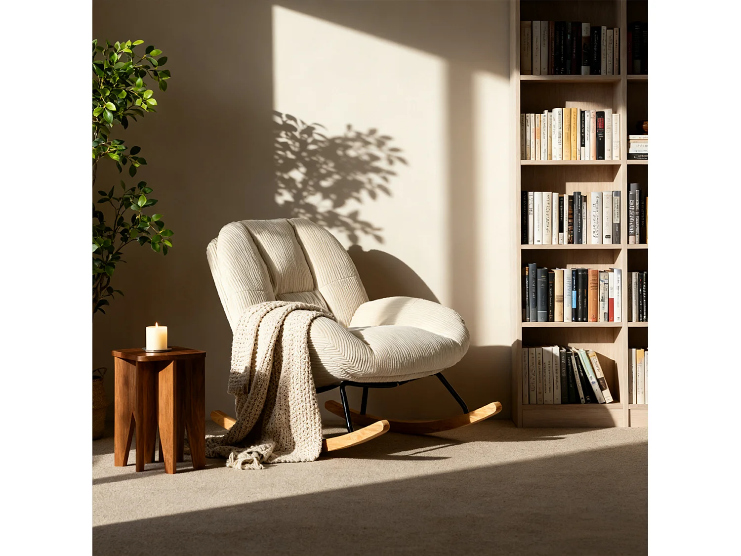 Fauteuil à bascule rocking chair style scandinave en velours côtelé Beige,Lithops