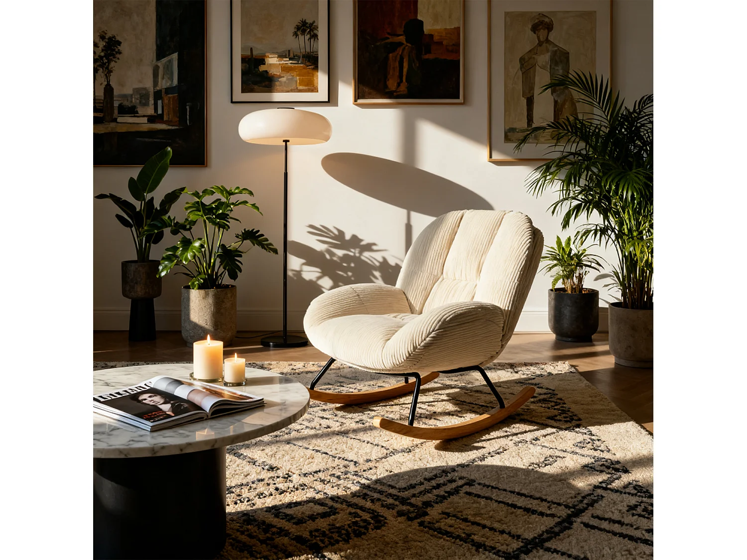 Fauteuil à bascule rocking chair style scandinave en velours côtelé Beige,Lithops