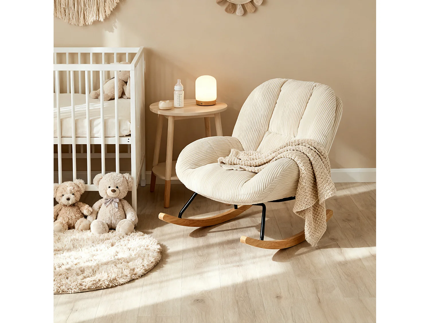 Fauteuil à bascule rocking chair style scandinave en velours côtelé Beige,Lithops