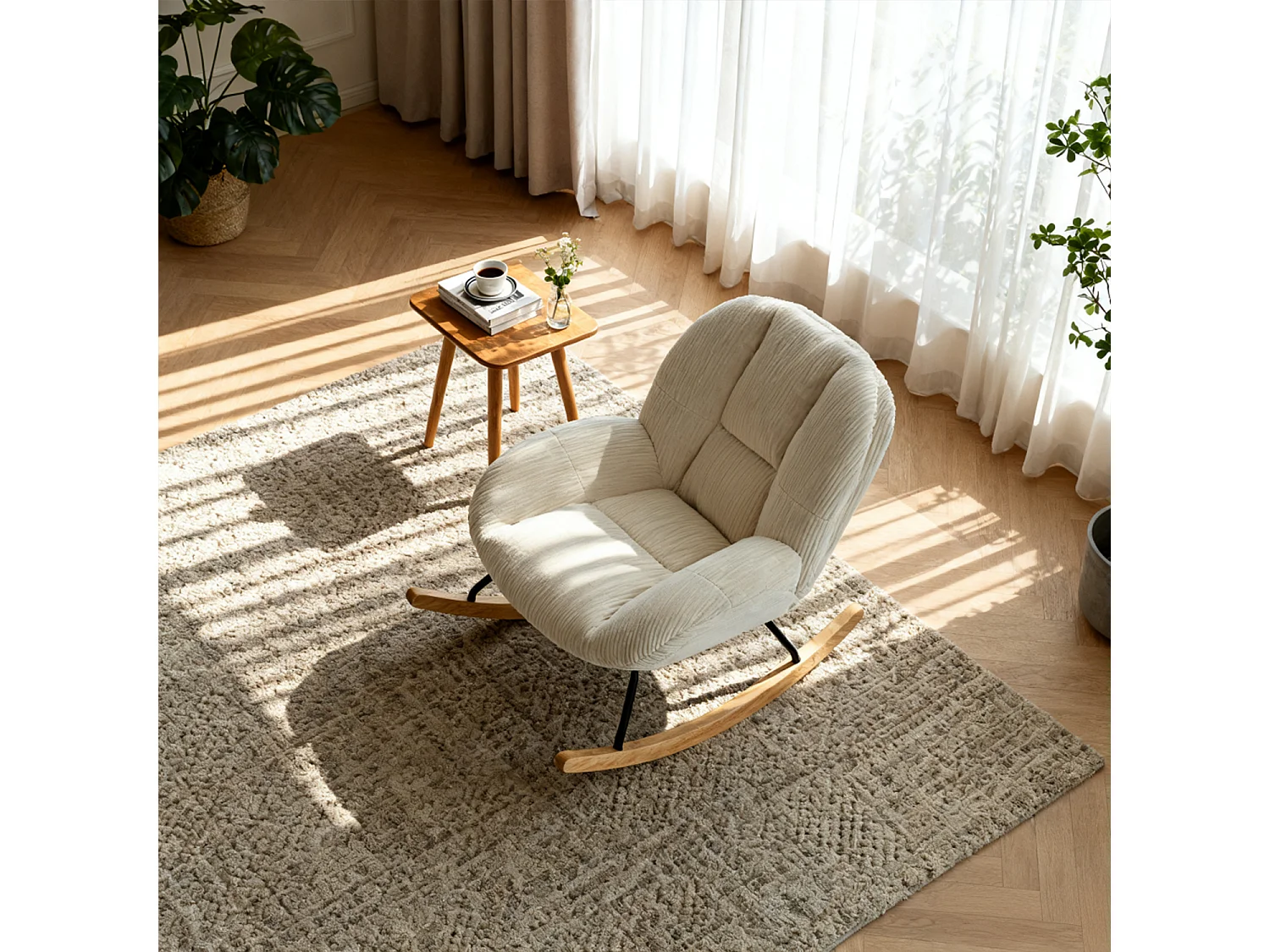 Fauteuil à bascule rocking chair style scandinave en velours côtelé Beige,Lithops