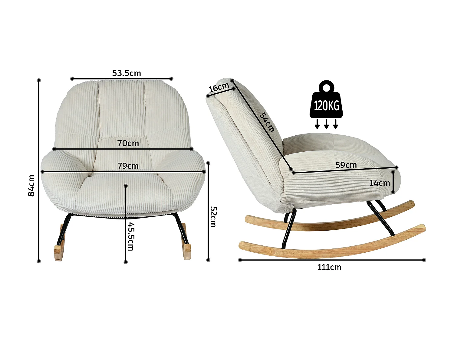 Fauteuil à bascule rocking chair style scandinave en velours côtelé Beige,Lithops