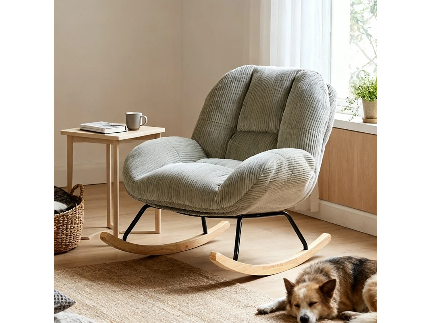 Fauteuil à bascule rocking chair style scandinave en velours côtelé Gris,Lithops