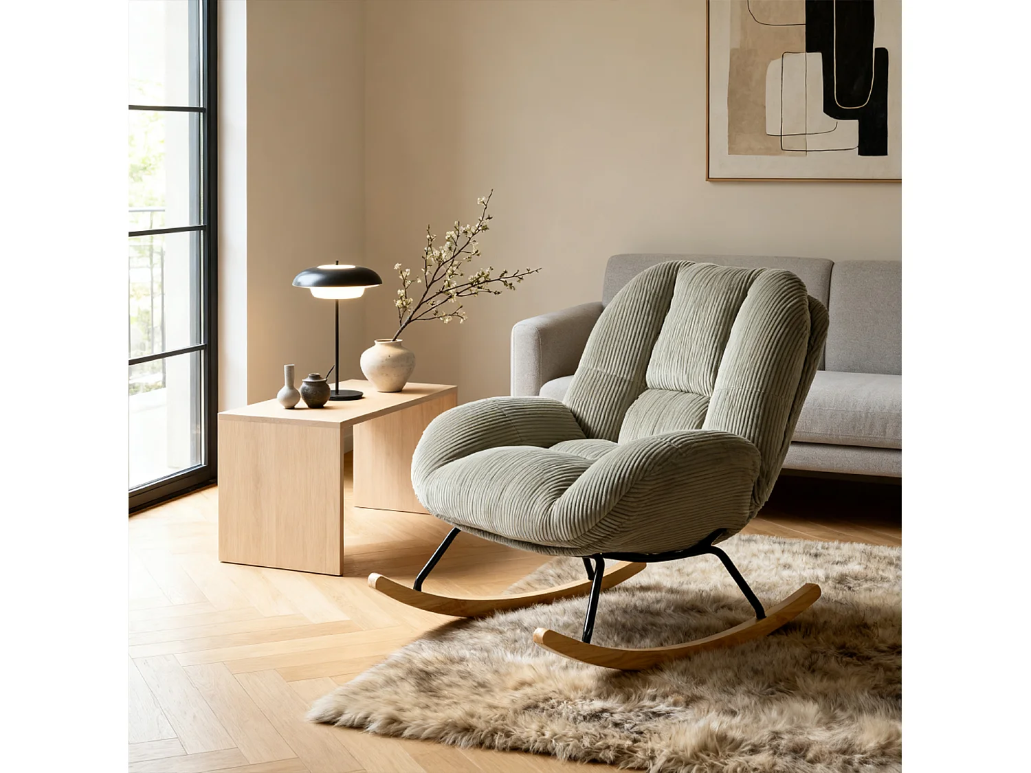 Fauteuil à bascule rocking chair style scandinave en velours côtelé Gris,Lithops