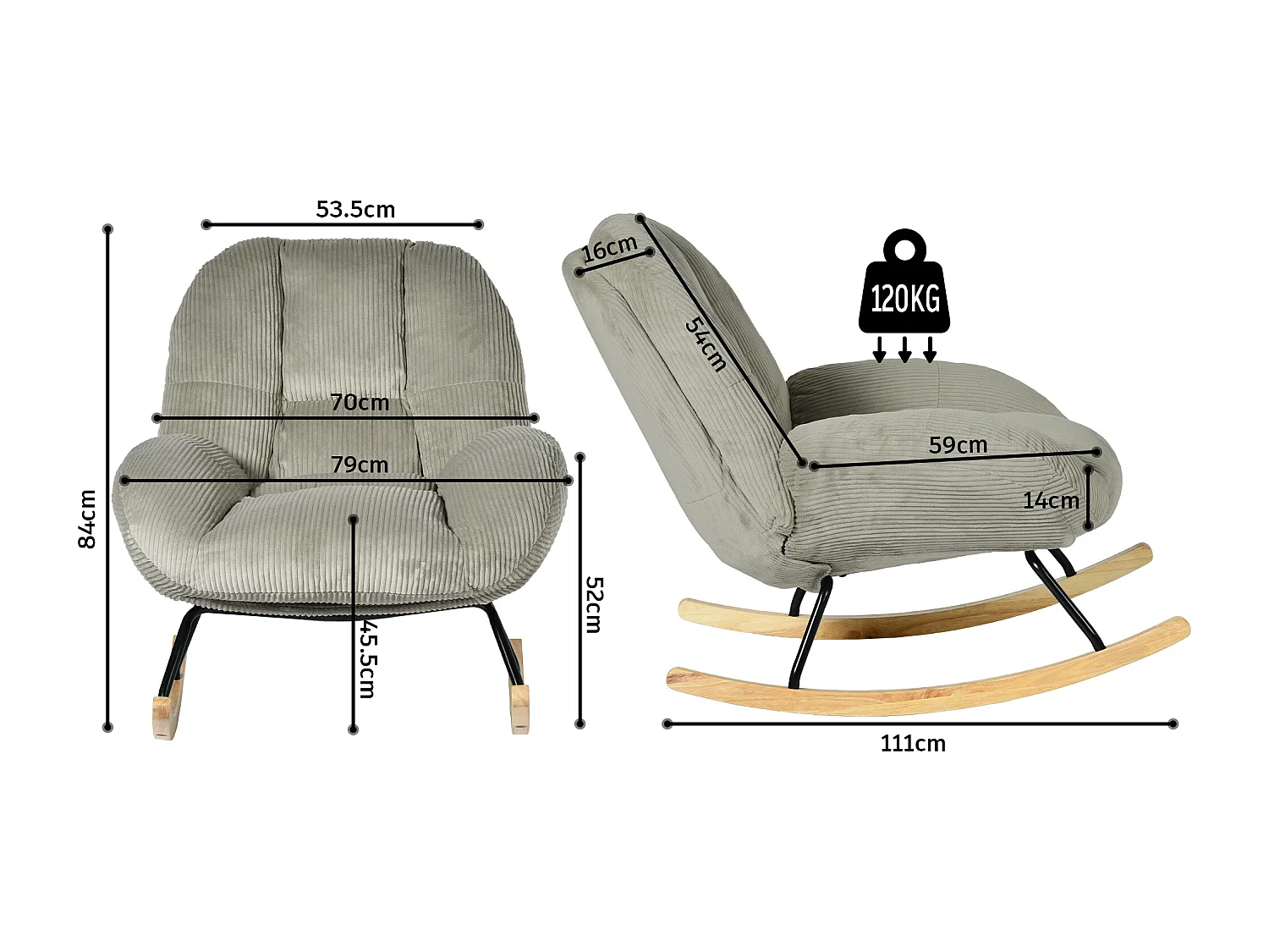 Fauteuil à bascule rocking chair style scandinave en velours côtelé Gris,Lithops