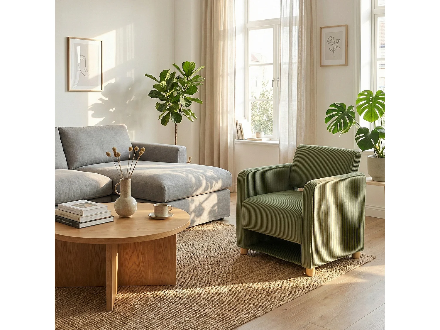 Fauteuil canapé une place en velours côtelé scandinave, KARIA