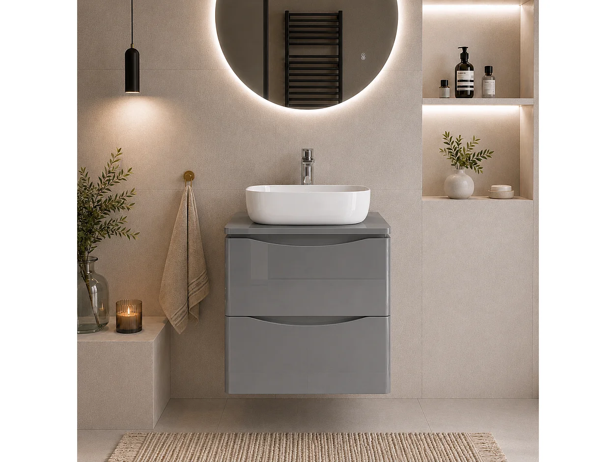 Meuble sous lavabo suspendu 2 tiroirs – gris brillant – AUSTIN – 59 x 52 x 45 cm