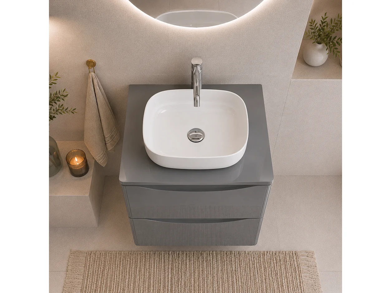 Meuble sous lavabo suspendu 2 tiroirs – gris brillant – AUSTIN – 59 x 52 x 45 cm