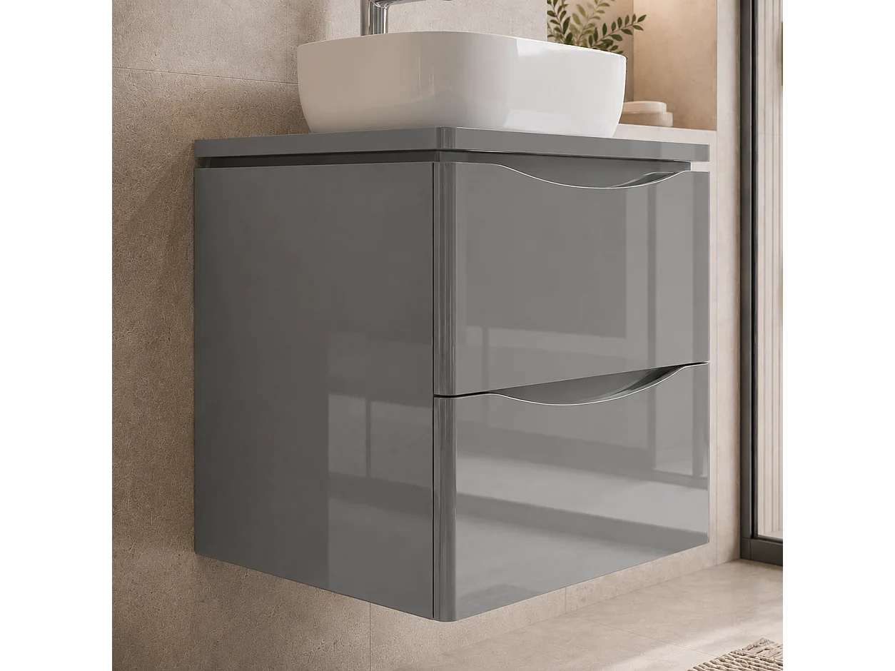 Meuble sous lavabo suspendu 2 tiroirs – gris brillant – AUSTIN – 59 x 52 x 45 cm