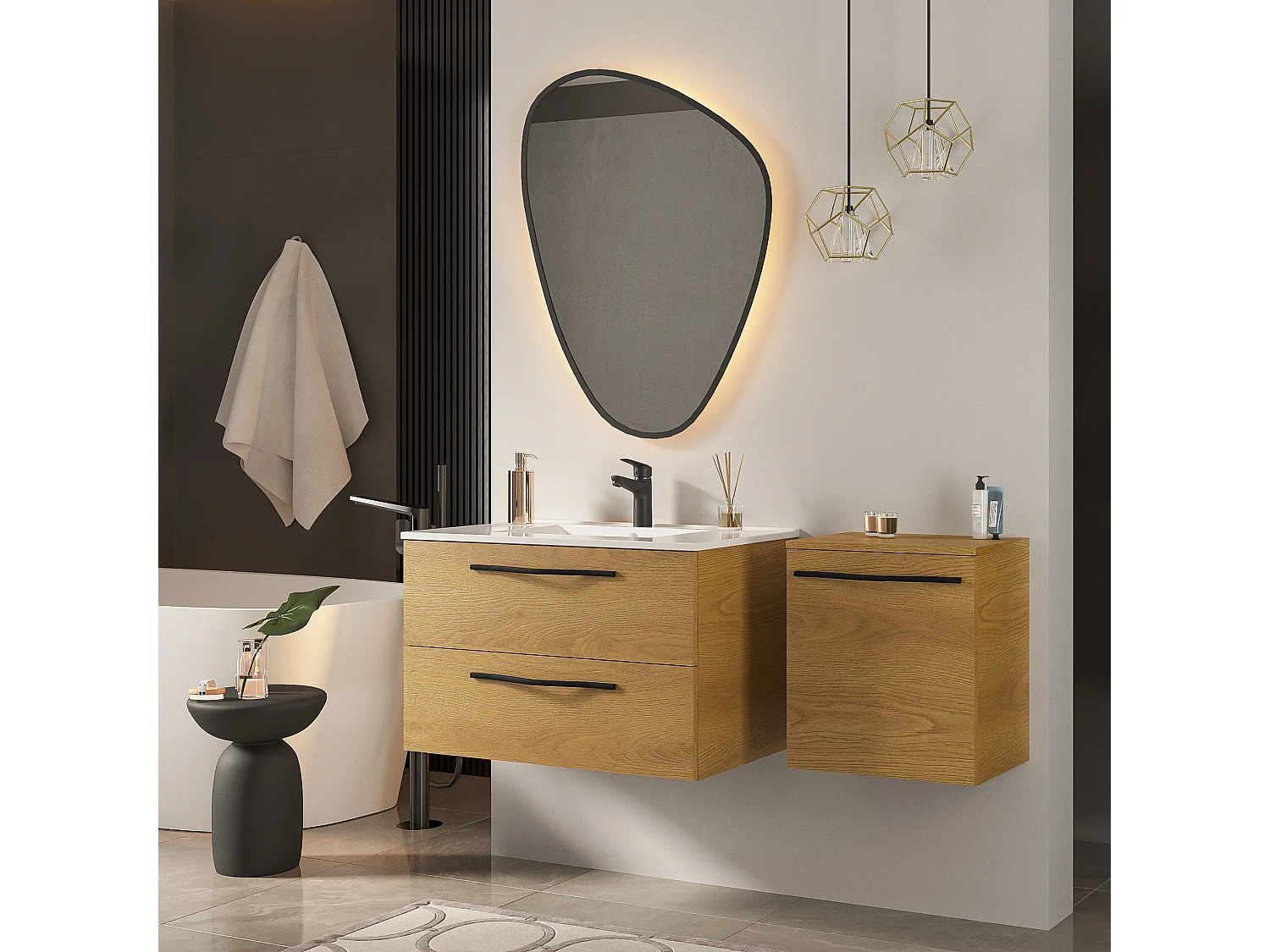 Meuble sous lavabo PILAR avec 2 grands tiroirs Chêne caramel 60x50x46 cm meuble de salle de bain