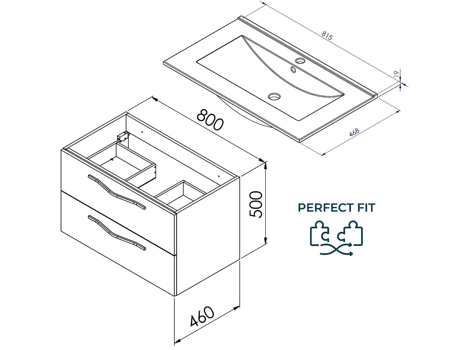 Meuble sous lavabo PILAR avec 2 grands tiroirs Chêne caramel 60x50x46 cm meuble de salle de bain