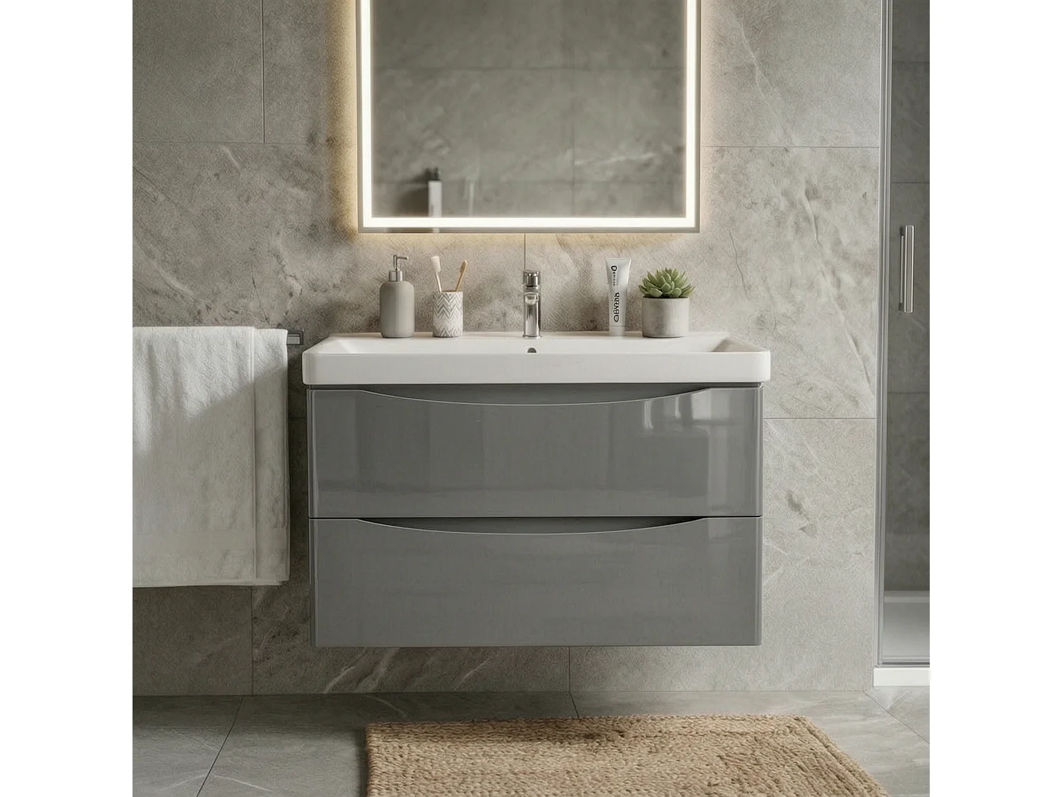 Mobile lavabo sospeso con 2 cassetti – grigio lucido – AUSTIN – 104 x 50 x 46 cm – chiusura ammortizzata