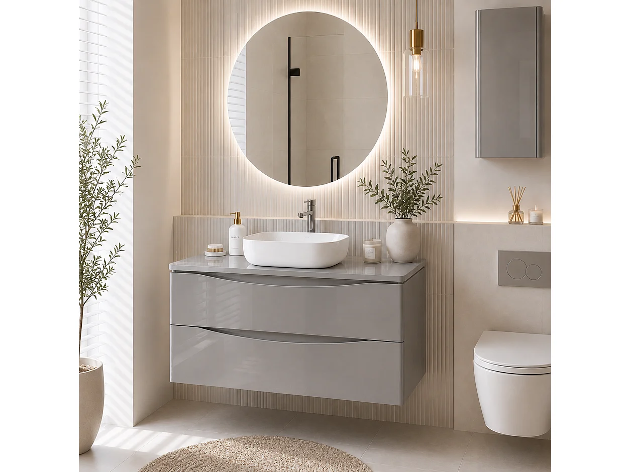 Meuble sous lavabo suspendu 2 tiroirs – gris brillant – AUSTIN – 104 x 50 x 46 cm – fermeture douce