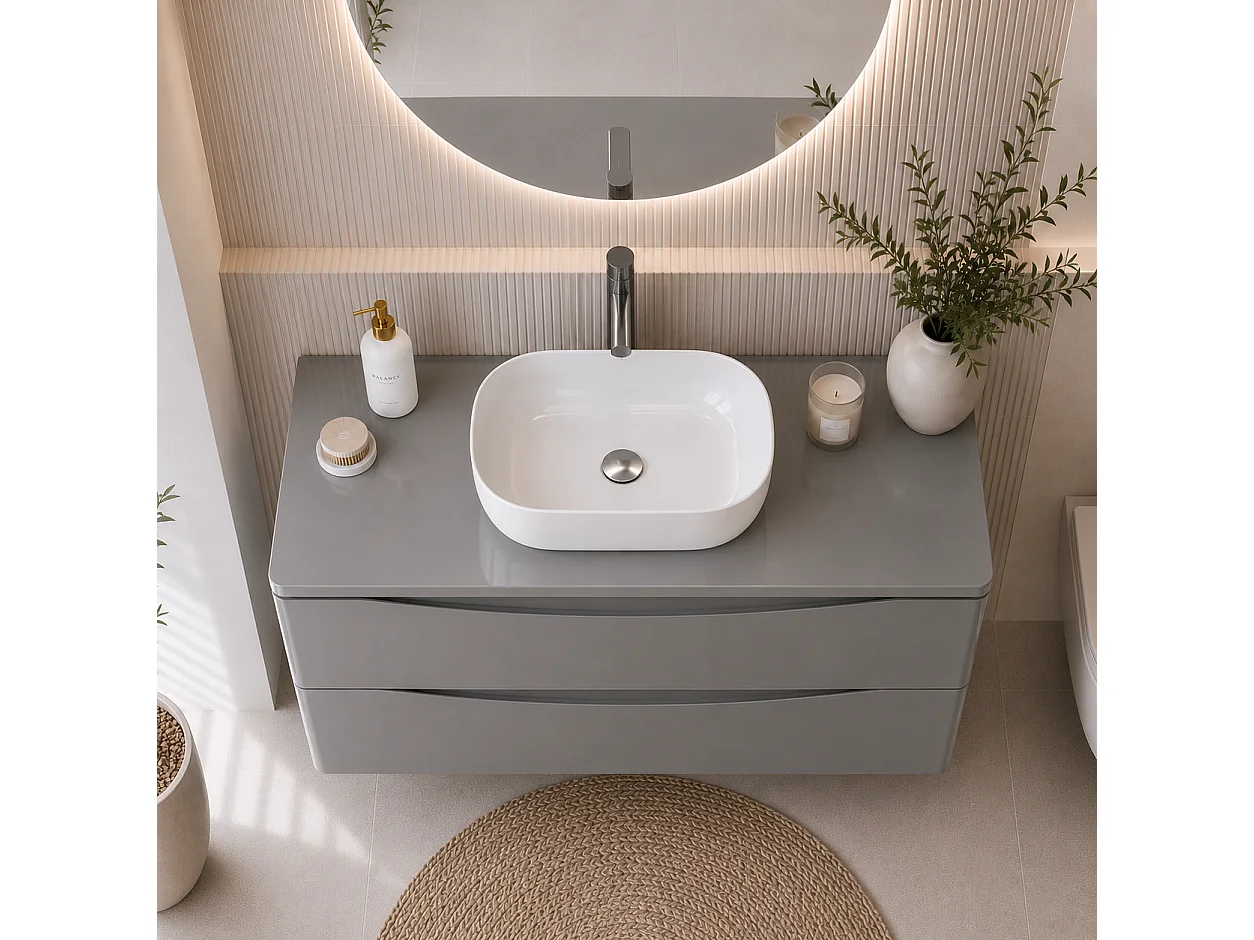 Meuble sous lavabo suspendu 2 tiroirs – gris brillant – AUSTIN – 104 x 50 x 46 cm – fermeture douce