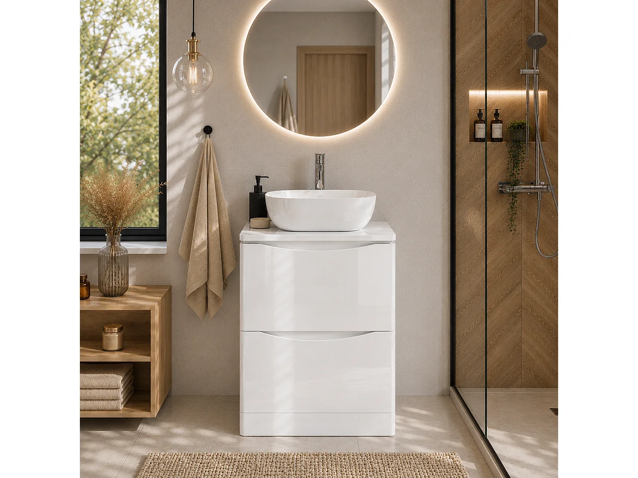 Meuble sous lavabo 2 tiroirs – blanc brillant – AUSTIN – 59 x 82 x 45 cm – fermeture douce