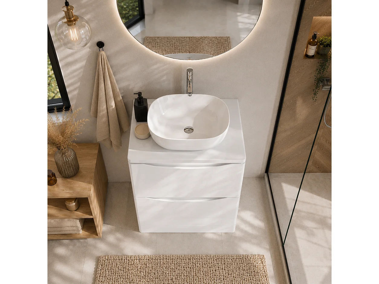 Meuble sous lavabo 2 tiroirs – blanc brillant – AUSTIN – 59 x 82 x 45 cm – fermeture douce