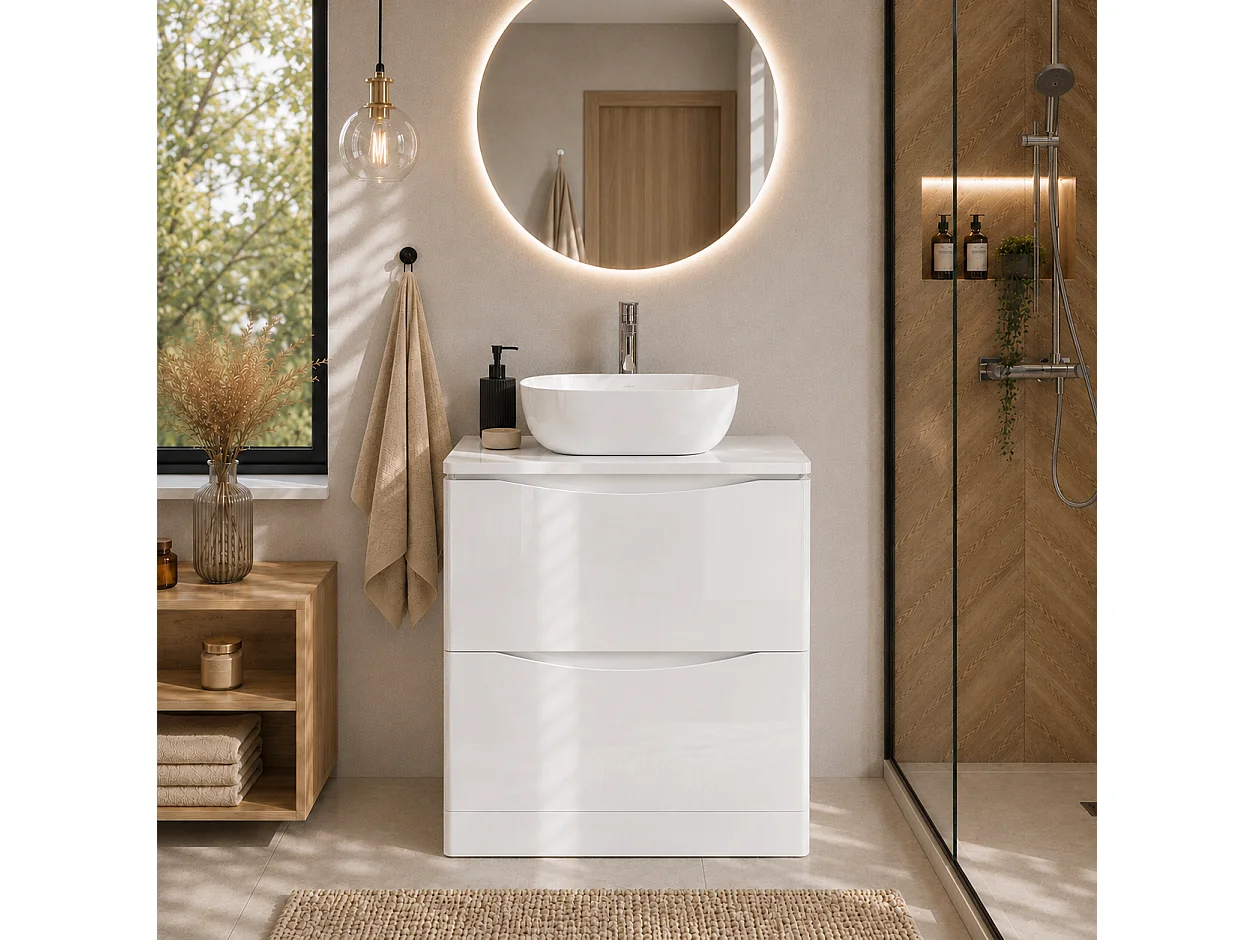 Szafka pod umywalkę z 2 szufladami – biały połysk – AUSTIN – 79 x 82 x 45 cm – szafka łazienkowa z cichym domykaniem