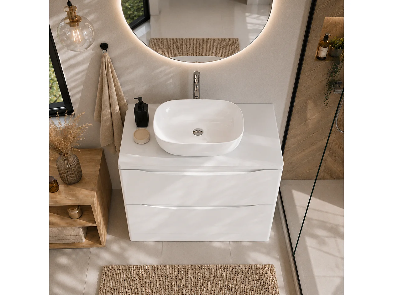Szafka pod umywalkę z 2 szufladami – biały połysk – AUSTIN – 79 x 82 x 45 cm – szafka łazienkowa z cichym domykaniem
