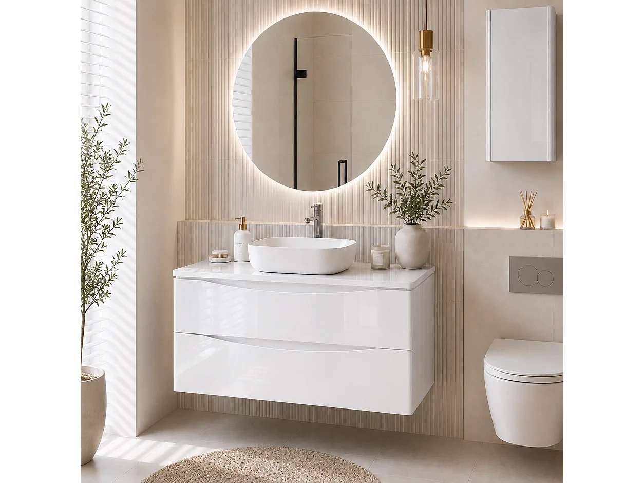 Meuble sous lavabo suspendu 2 tiroirs – blanc brillant – AUSTIN – 104 x 50 x 46 cm