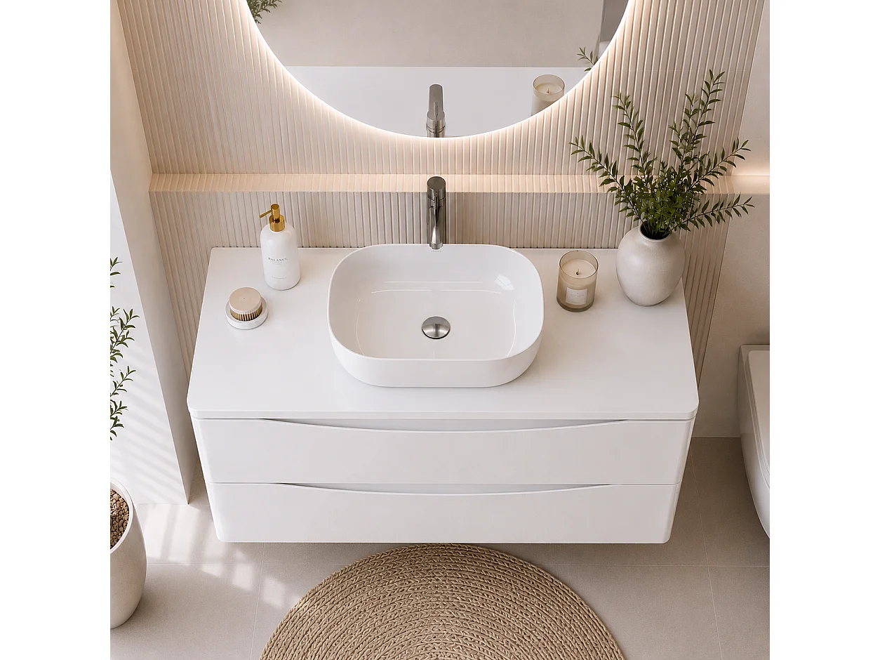 Meuble sous lavabo suspendu 2 tiroirs – blanc brillant – AUSTIN – 104 x 50 x 46 cm