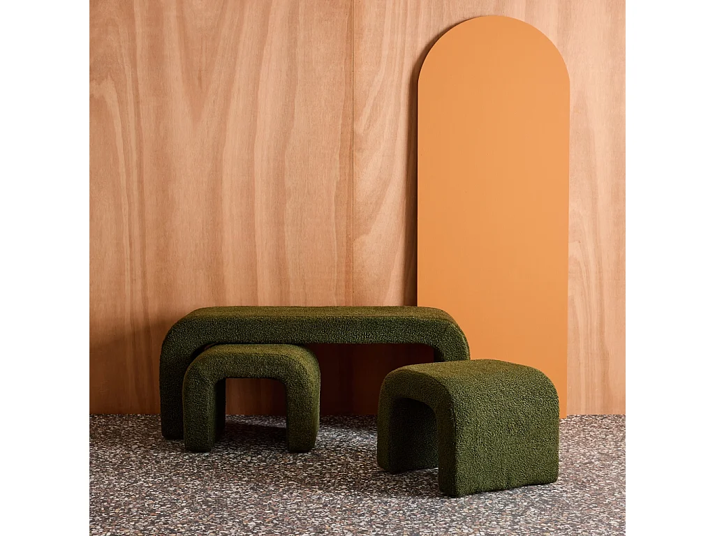 Banco y taburetes nido en borreguito verde kaki