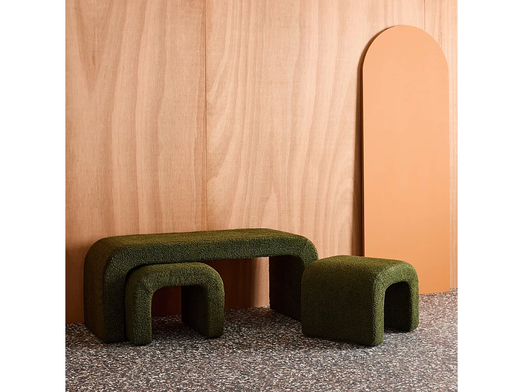 Banco y taburetes nido en borreguito verde kaki