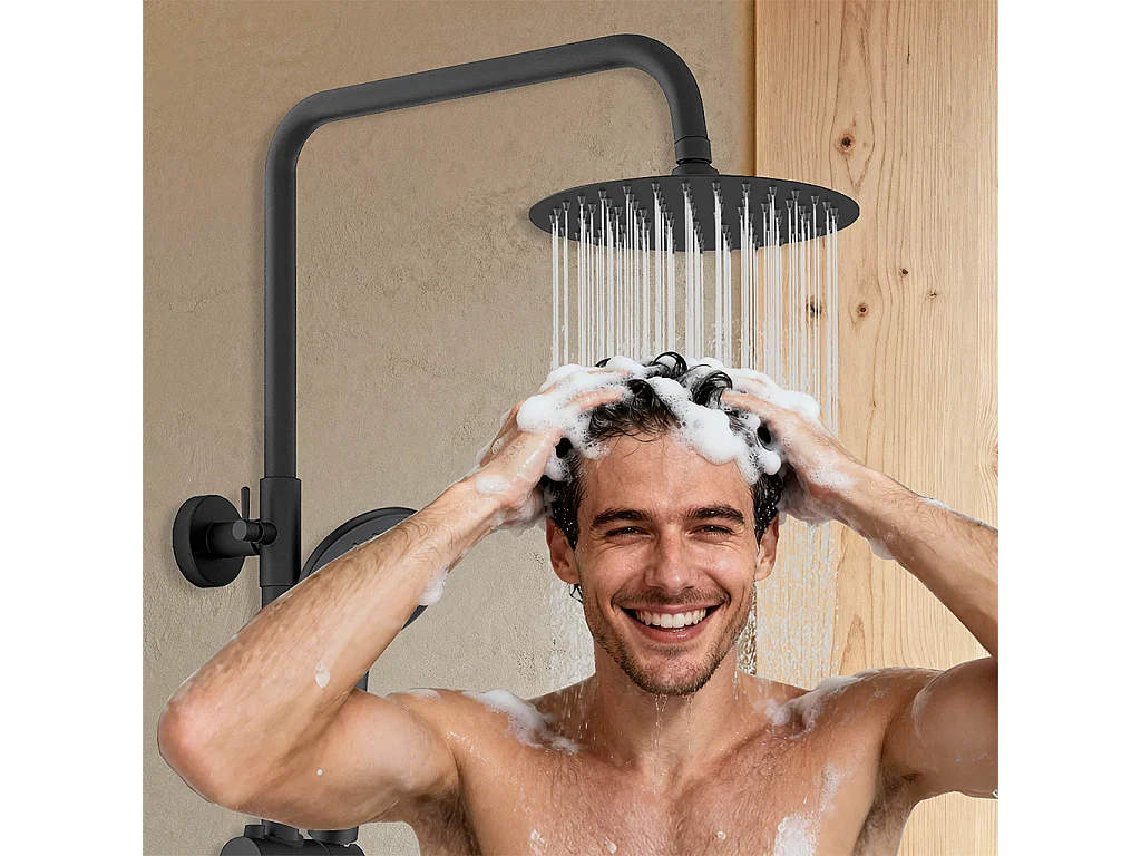 Colonna doccia con miscelatore termostatico, soffione doccia rotondo rotante 360°, nero