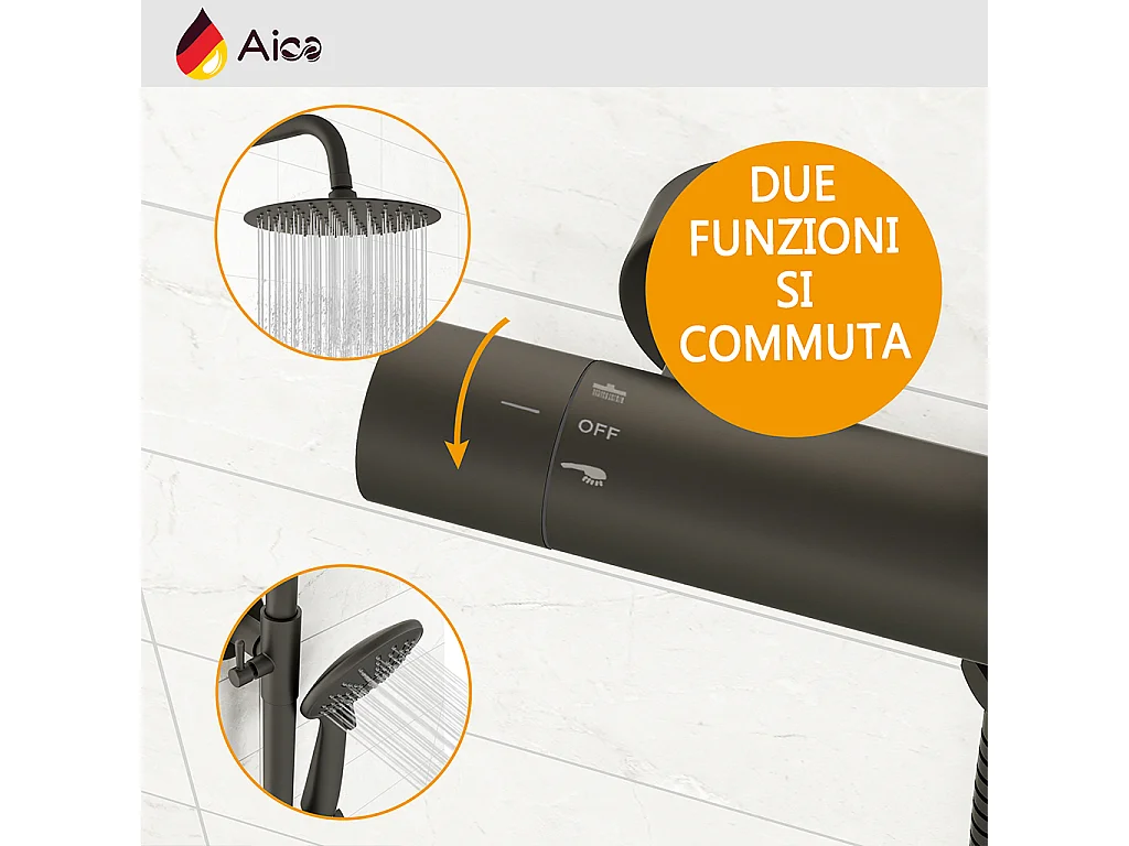 Colonna doccia con miscelatore termostatico, soffione doccia rotondo rotante 360°, nero