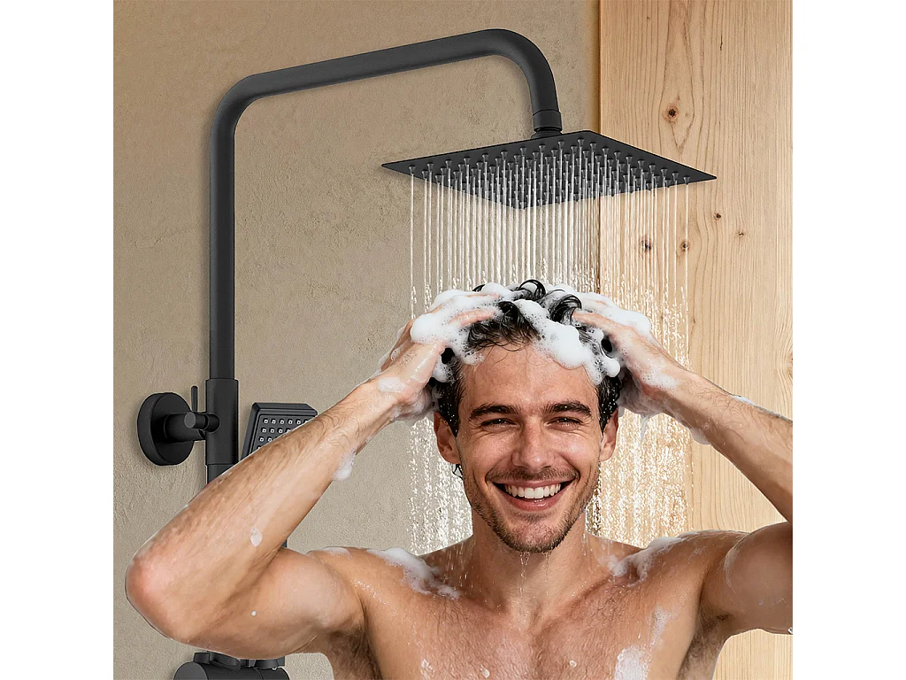 Colonna doccia con miscelatore termostatico, saliscendi doccia tondo regolabile 75-125cm, nero