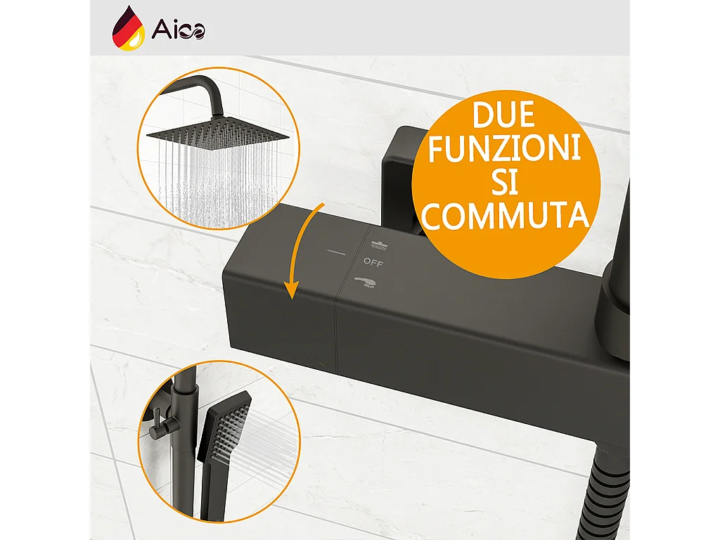 Colonna doccia con miscelatore termostatico, saliscendi doccia tondo regolabile 75-125cm, nero