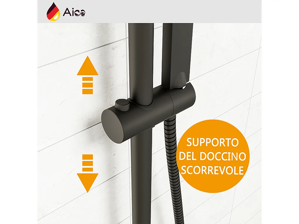 Colonna doccia con miscelatore termostatico, saliscendi doccia tondo regolabile 75-125cm, nero