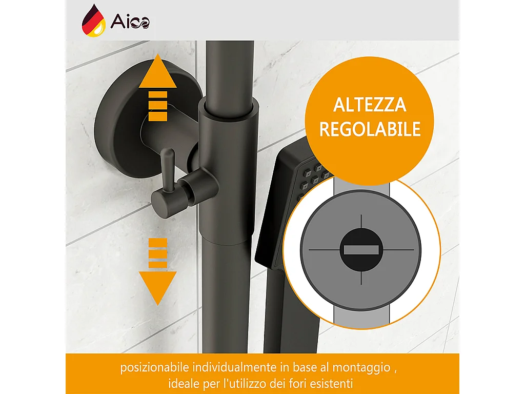 Colonna doccia con miscelatore termostatico, saliscendi doccia tondo regolabile 75-125cm, nero