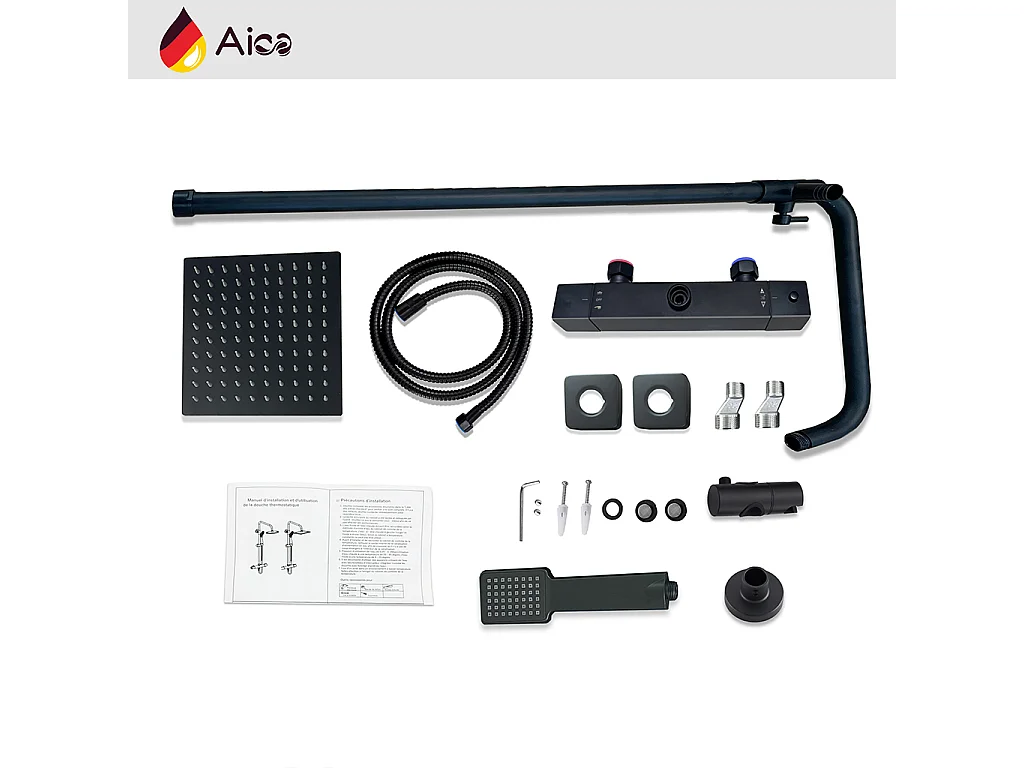 Colonna doccia con miscelatore termostatico, saliscendi doccia tondo regolabile 75-125cm, nero