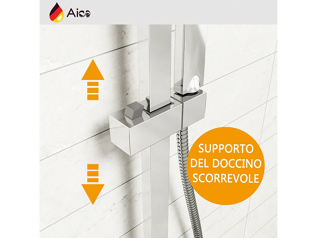 Grande soffione doccia inox 25x25cm, miscelatore termostatico doccia rettangolo 280x40mm, cromo