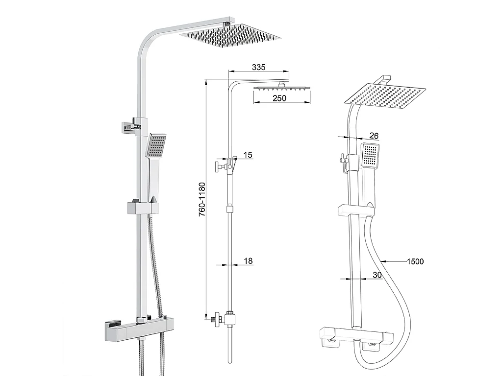 Grande soffione doccia inox 25x25cm, miscelatore termostatico doccia rettangolo 280x40mm, cromo