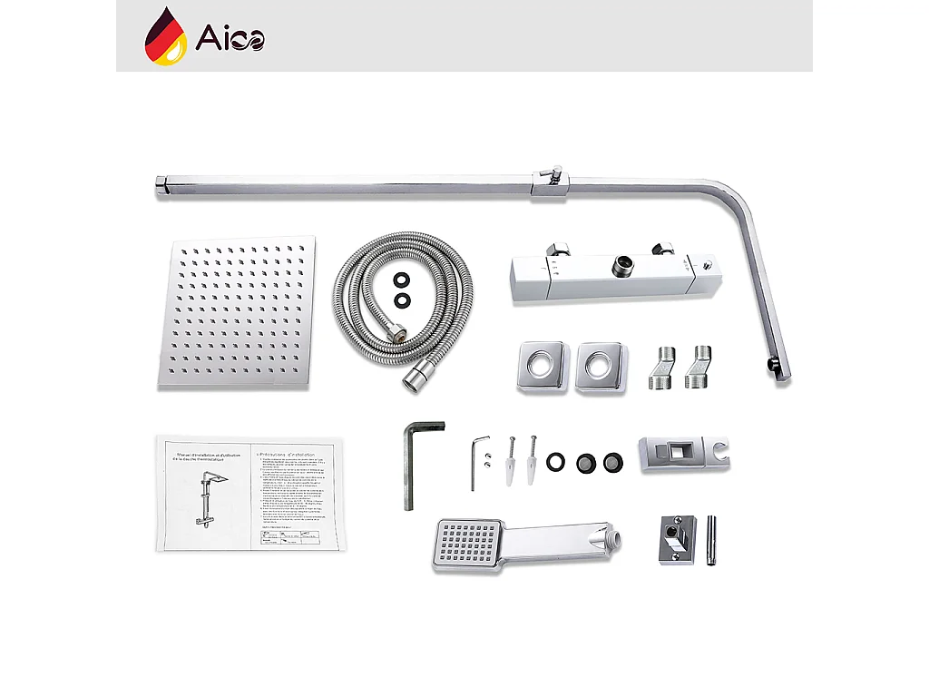 Grande soffione doccia inox 25x25cm, miscelatore termostatico doccia rettangolo 280x40mm, cromo