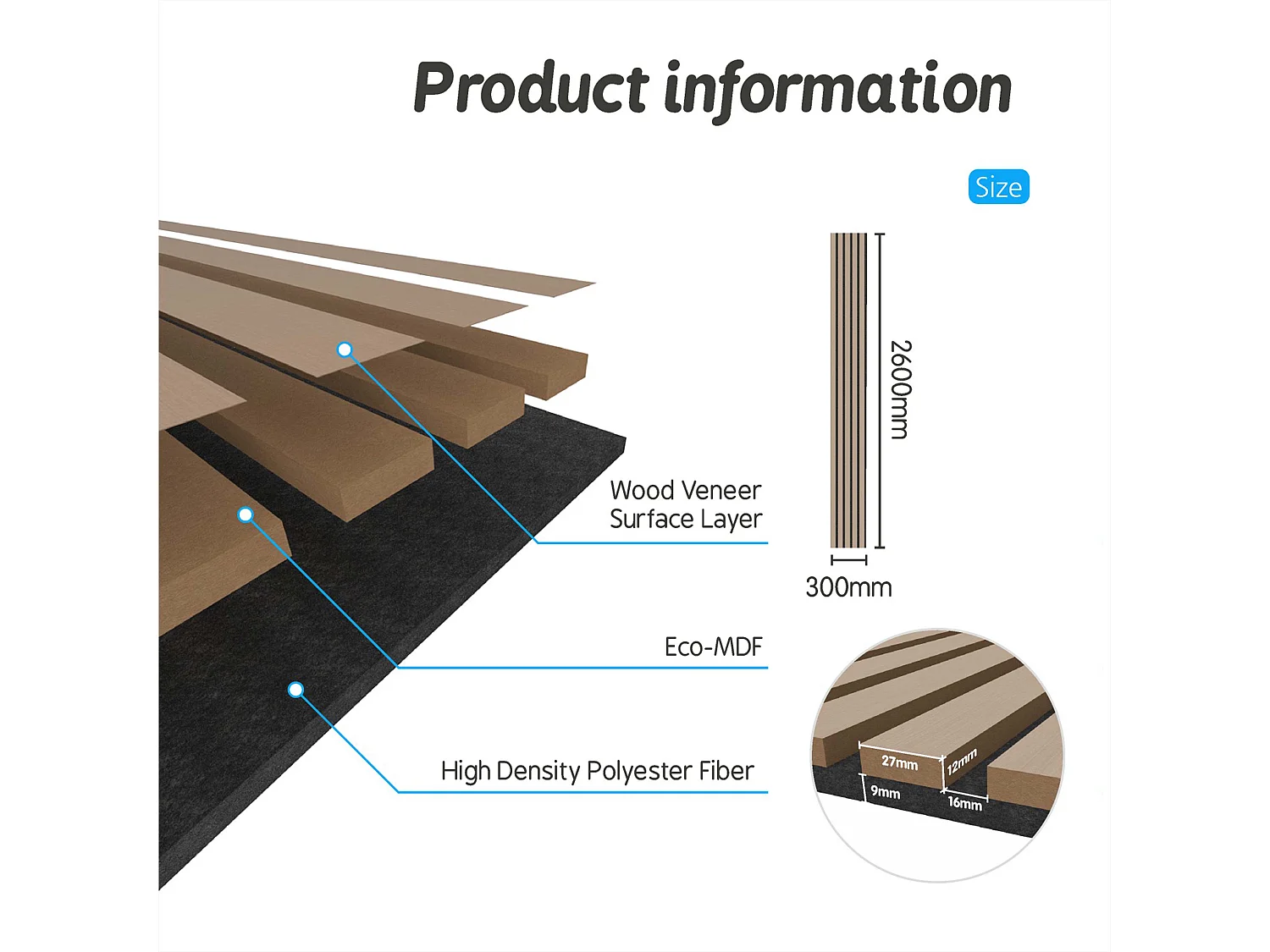 Panneaux décoratifs AICA, panneaux muraux en MDF imitation bois, lot de 3, 260 x 30 cm, couleur chêne clair