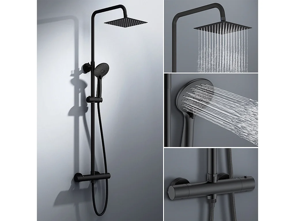 colonna doccia rotonda completo di miscelatore termostatico cilindro, soffione quadrato 20x20cm, nero