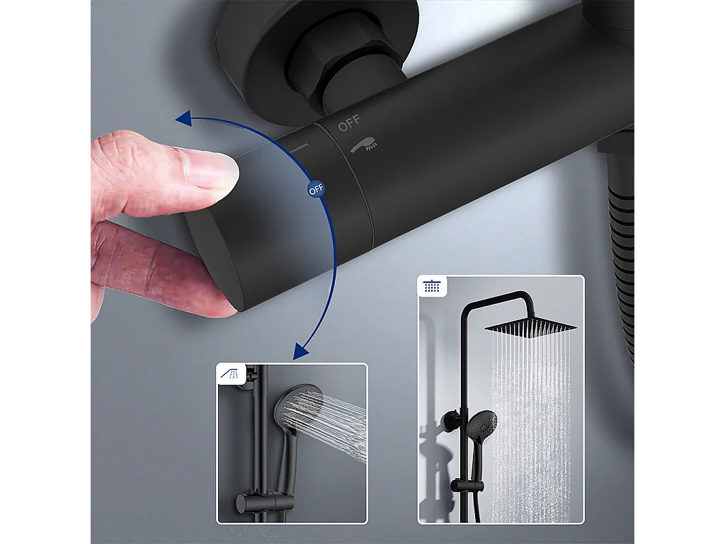 colonna doccia rotonda completo di miscelatore termostatico cilindro, soffione quadrato 20x20cm, nero