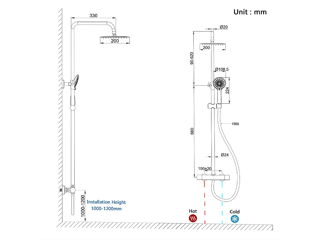 colonna doccia rotonda completo di miscelatore termostatico cilindro, soffione quadrato 20x20cm, nero