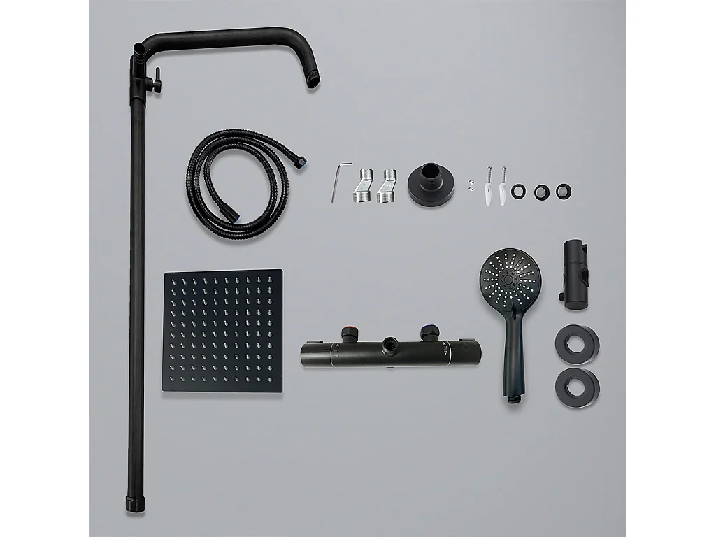 colonna doccia rotonda completo di miscelatore termostatico cilindro, soffione quadrato 20x20cm, nero