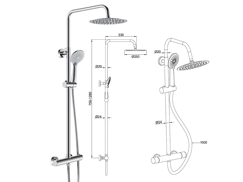 Grande soffione doccia inox 25x25cm, miscelatore termostatico doccia rotondo 280x40mm, cromo