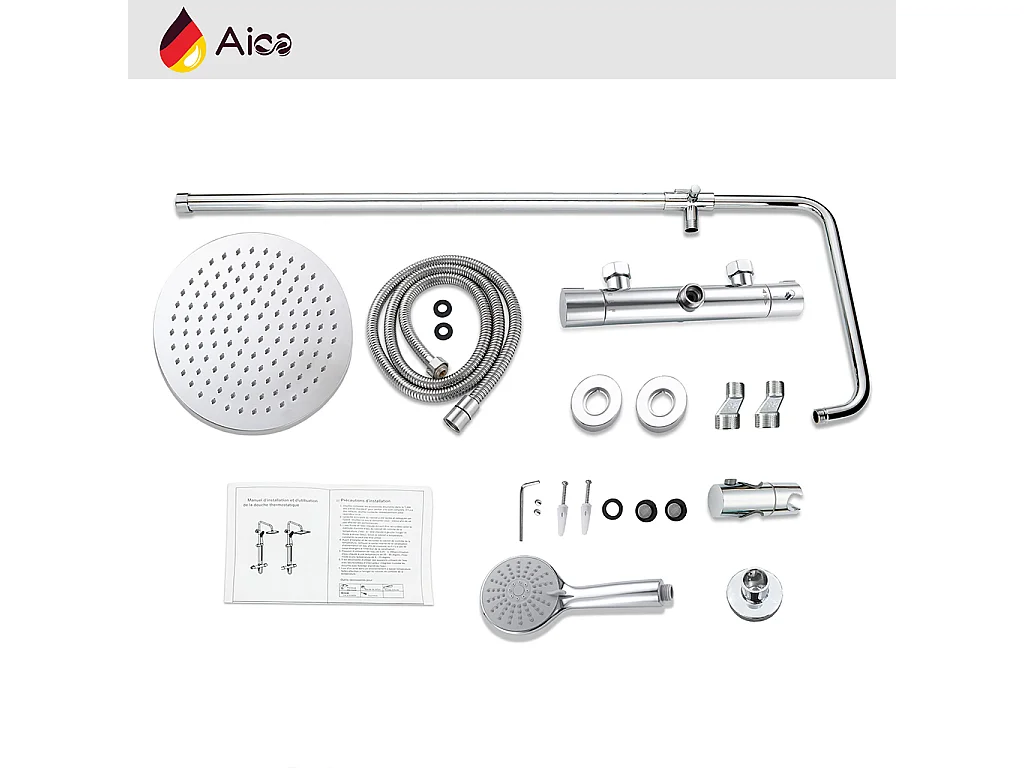 Grande soffione doccia inox 25x25cm, miscelatore termostatico doccia rotondo 280x40mm, cromo