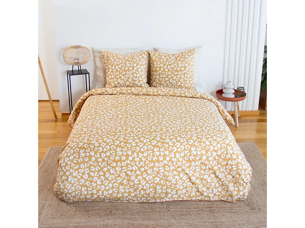 Parure de lit coton réversible 2 places imprimé léopard jaune 240x220cm - Juliette