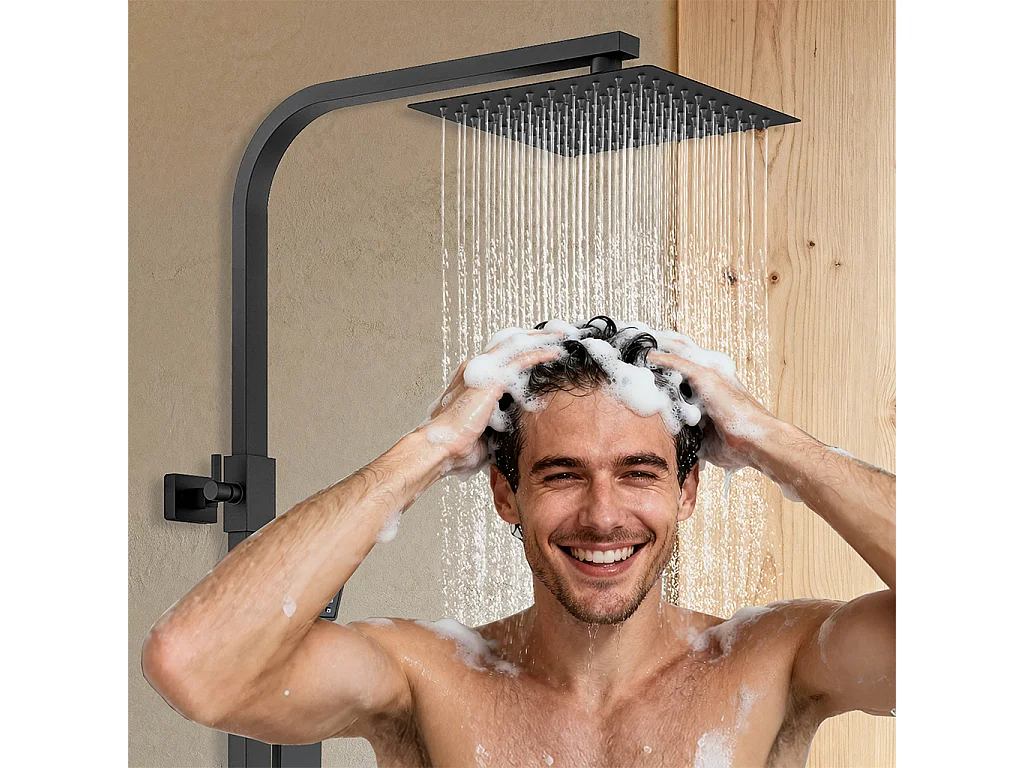 Colonna doccia con miscelatore termostatico, saliscendi doccia quadrato regolabile 73-115cm, nero