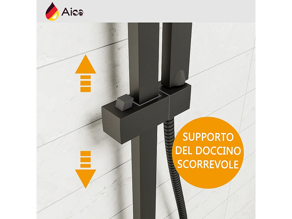 Colonna doccia con miscelatore termostatico, saliscendi doccia quadrato regolabile 73-115cm, nero
