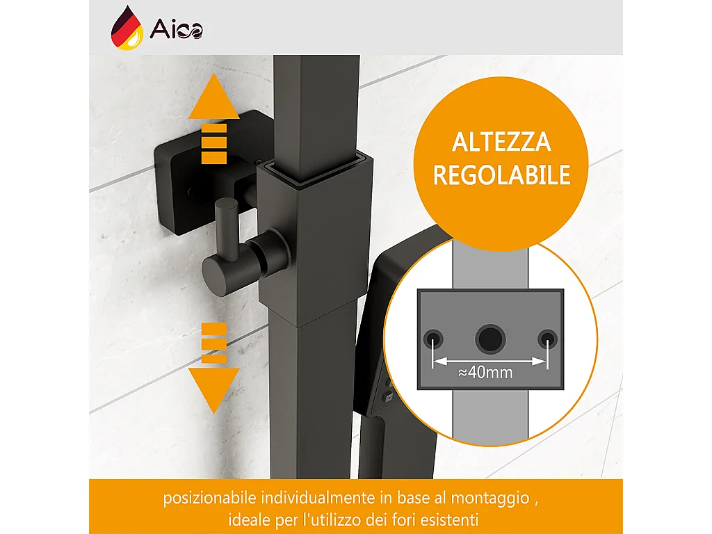 Colonna doccia con miscelatore termostatico, saliscendi doccia quadrato regolabile 73-115cm, nero