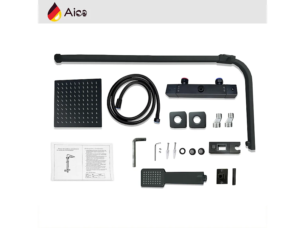 Colonna doccia con miscelatore termostatico, saliscendi doccia quadrato regolabile 73-115cm, nero