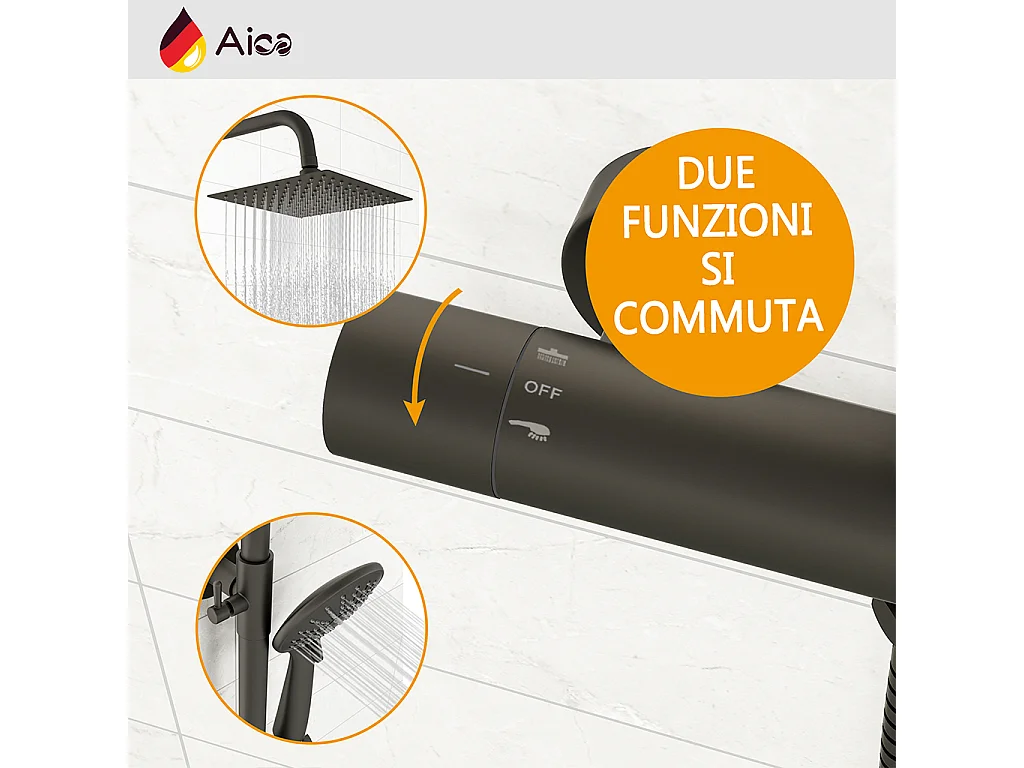 Colonna doccia con miscelatore termostatico, doccino rotondo 230x108mm con 3 modalità di getti, nero