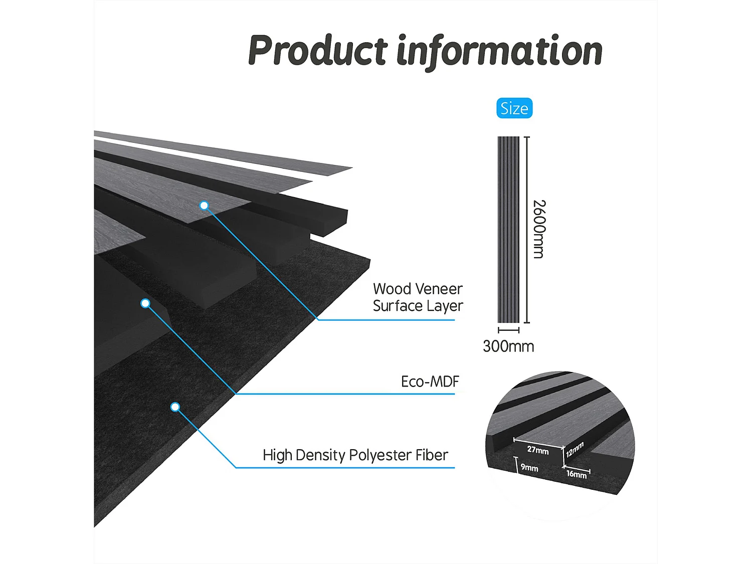 Panneaux décoratifs AICA, panneaux muraux en MDF imitation bois, lot de 3, 260 x 30 cm, chêne gris